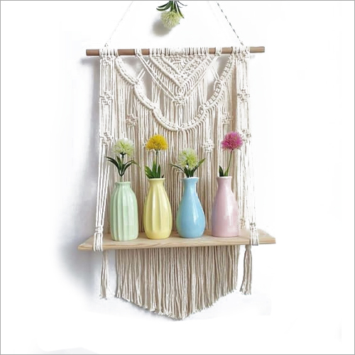 Off White Handmade Macrame Wall Hanging Shelf