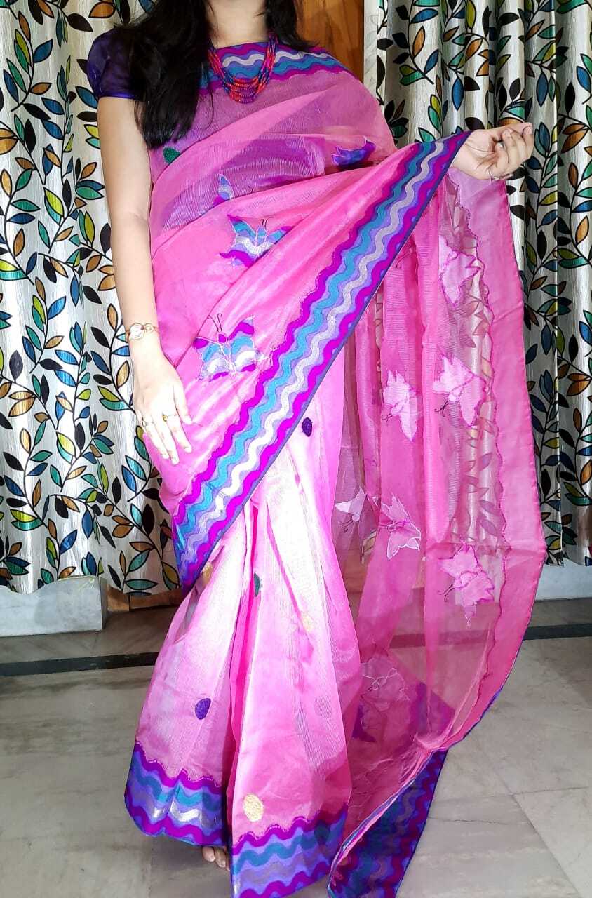 Applique Work On Chanderi Border On Pink Kota Saree