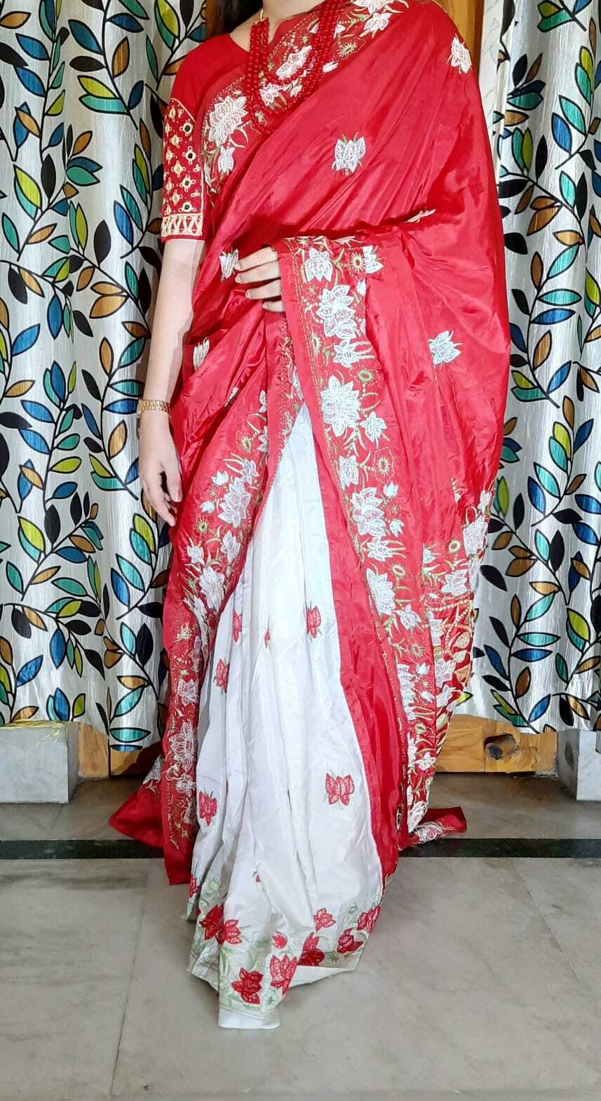 Kantha Stitch On Half And Half Blended Bangalore Silk Saree
