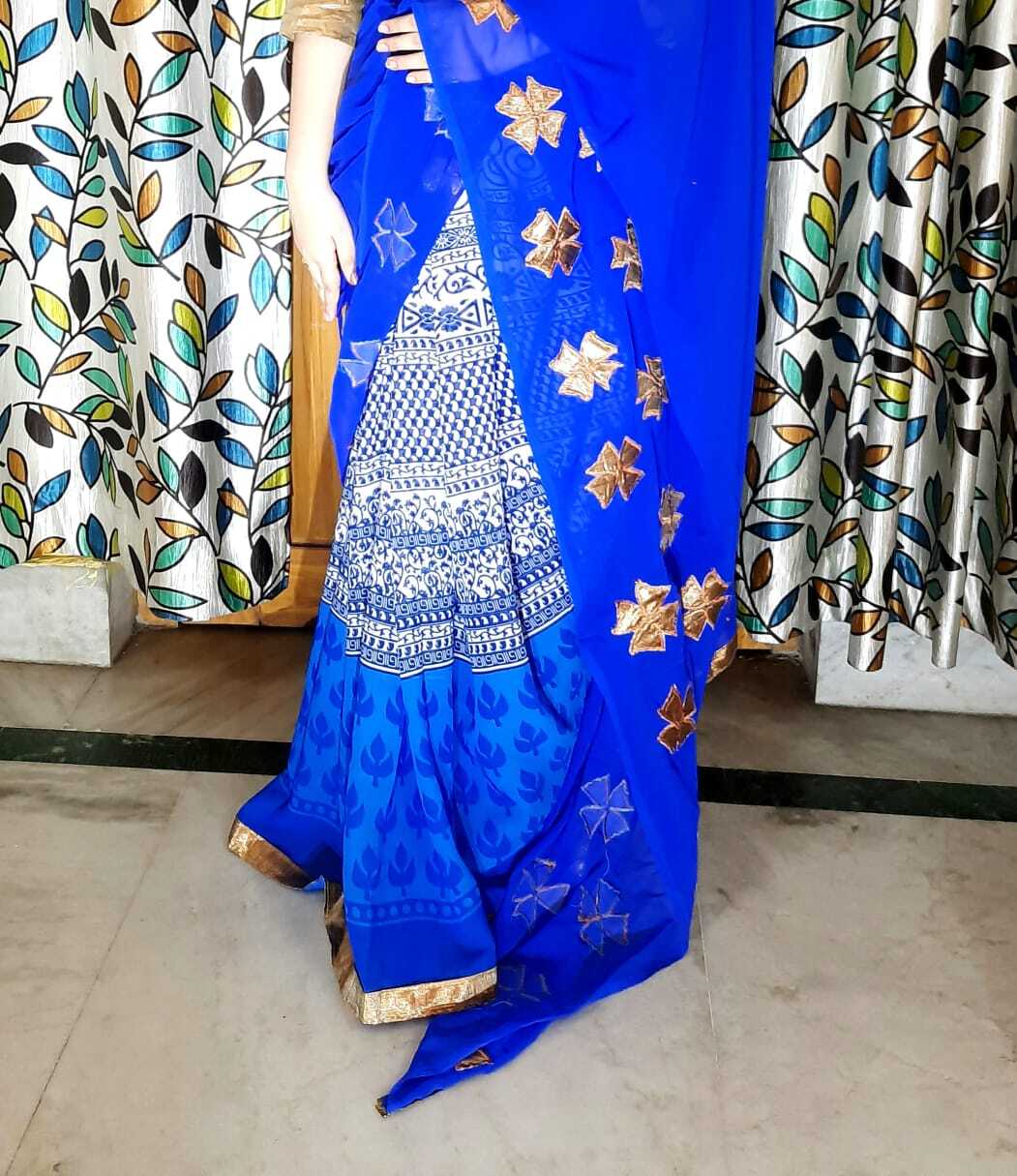 Applique Work On Blue Chiffon Saree