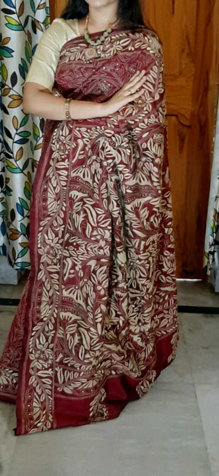 All Over Kantha Stitch On Blended Bangalore Silk Saree