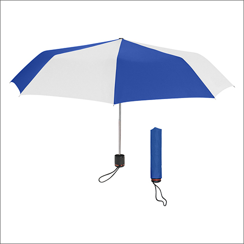Three Fold Umbrella - Nylon & Polyester , Compact Size in Multiple Dimensions, White and Blue Colors, Lightweight Metal Handle