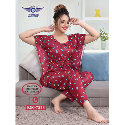 प्रिंटेड लेडीज़ रेड सैटिन काफ्तान नाइट सूट