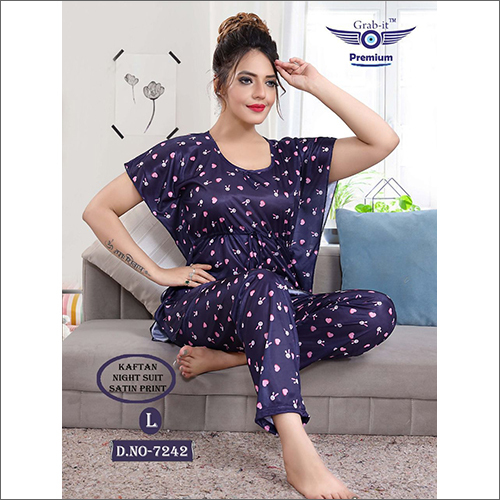 प्रिंटेड लेडीज़ ब्लू सैटिन काफ्तान नाइट सूट