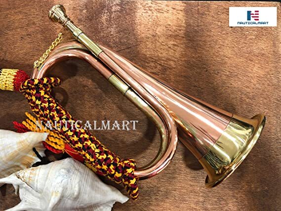 Nautical-mart Brass And Copper Blowing Bugle Horn 10.6 Inch Signal Musical Instrument Classic Style With Beautiful Colourful Rope Binding