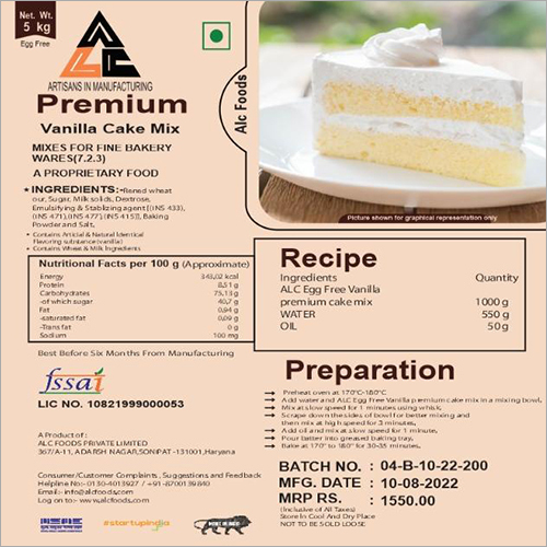 Vanilla Cake Premix Additional Ingredient: Refined Wheat Flour