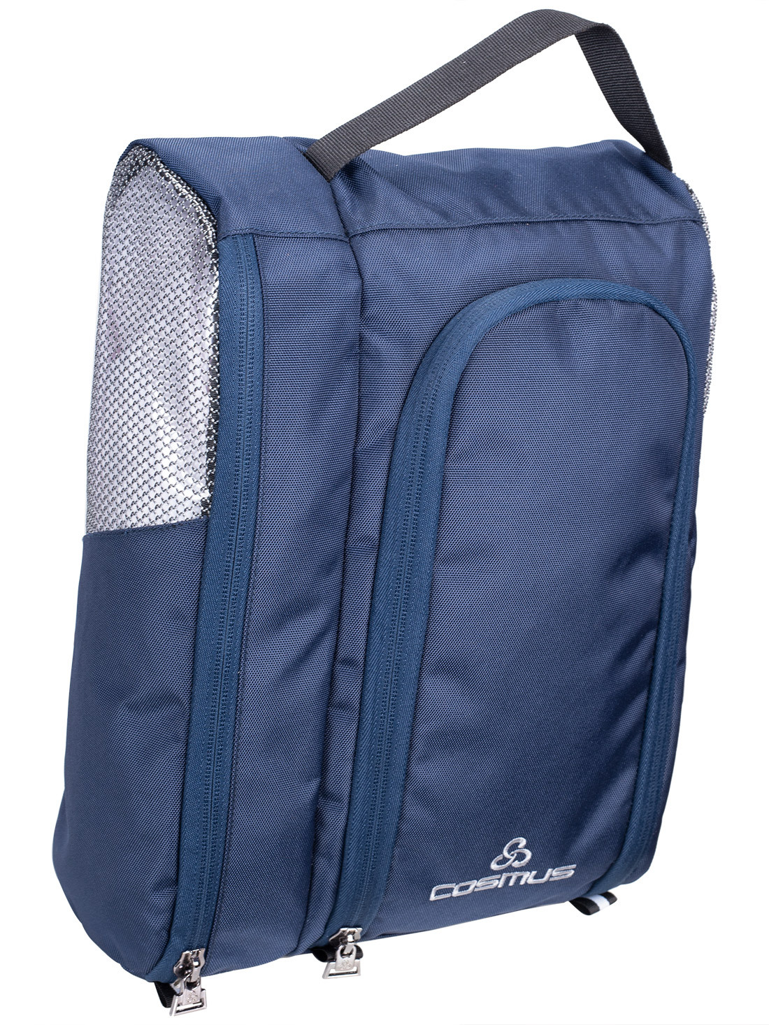 Cosmus Elite Navy Travel Shoe Pouch - Pu Coated Water Resistant, 12.75 X 4.5 X 7.25 Inches, Fits Men's Size 12 & High Heels, Moisture Proof Design, Zipper Top Handle