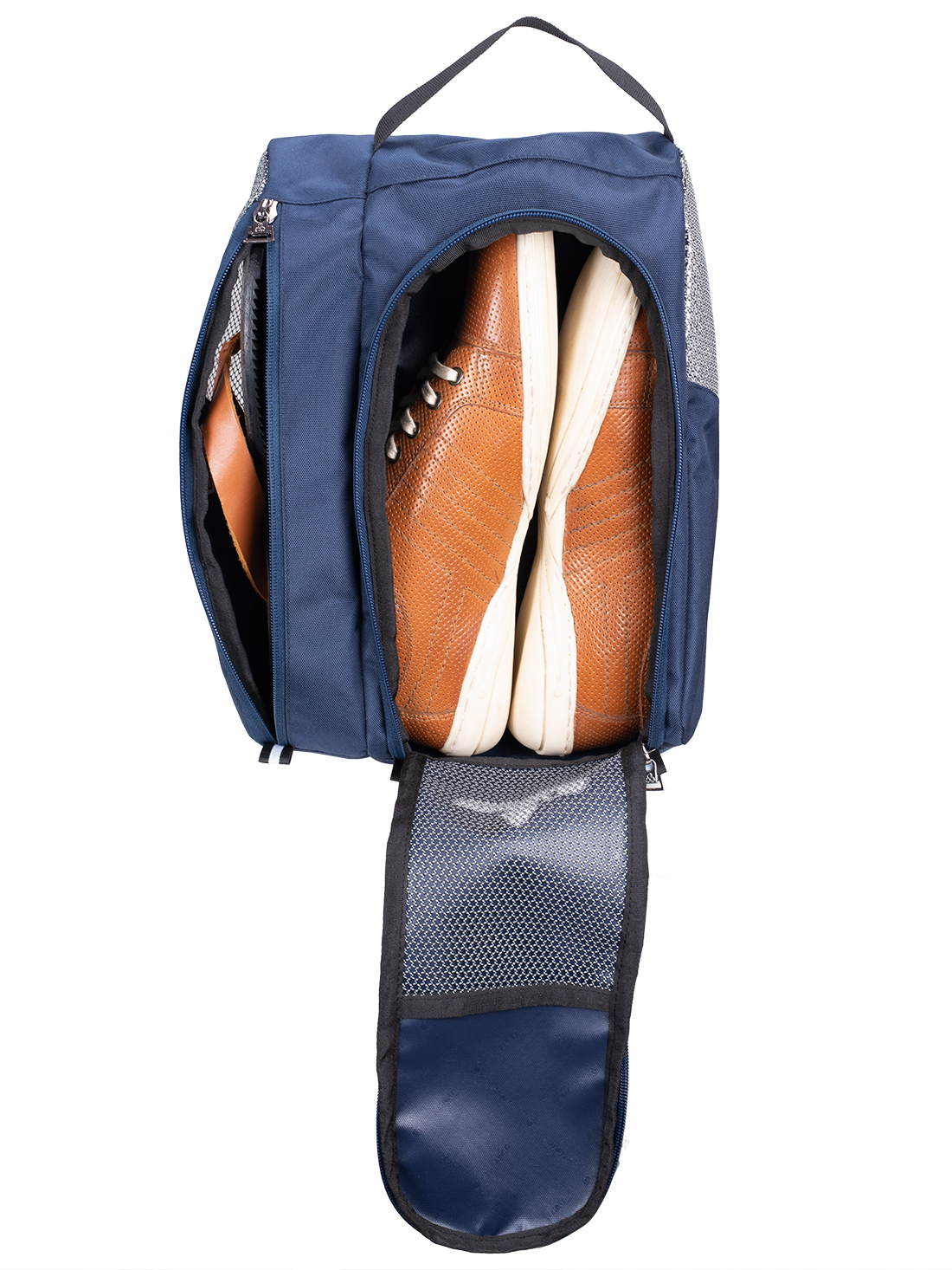 Cosmus Elite Navy Travel Shoe Pouch - Pu Coated Water Resistant, 12.75 X 4.5 X 7.25 Inches, Fits Men's Size 12 & High Heels, Moisture Proof Design, Zipper Top Handle