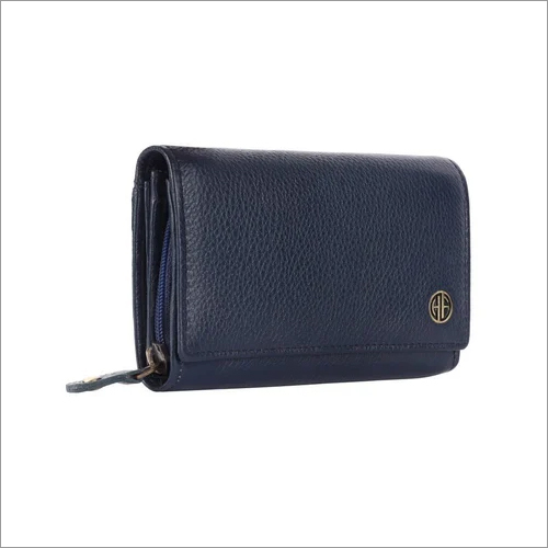 Lw5001-bu Ladies Leather Wallet - Leather, Folded Design, Navy Blue | Zipper Closure For Secure Storage