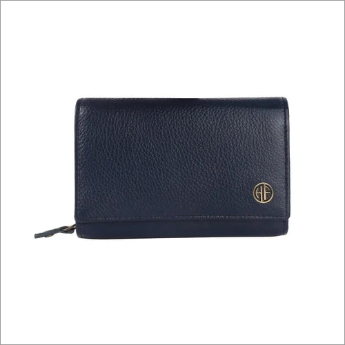 Lw5001-bu Ladies Leather Wallet - Leather, Folded Design, Navy Blue | Zipper Closure For Secure Storage