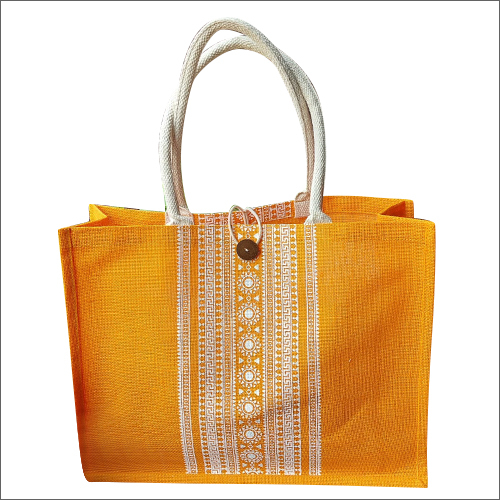 Jute Bag - Durable Degradable Yellow-White Printed Design, Reusable Flexiloop Handle, Different Sizes | Environmentally Friendly Jute Material