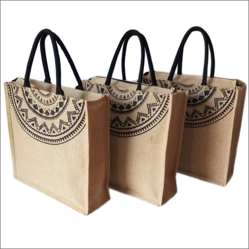 Printed Jute Shopping Bag - 15"x15"x05" with Zipper Closure , Brown-Black Color, Durable, Degradable, Reusable, Flexiloop Handle, Customizable Design