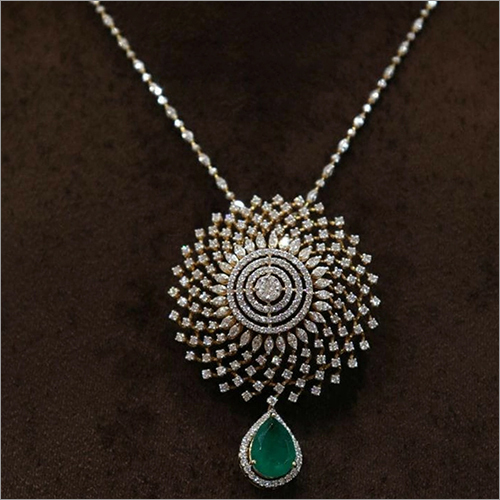 Artificial Neck Pendant - Gold Plated Metal, Customized Size | Mesmerizing Round Shape with Green Precious Stone and White Glass Accents - Lightweight and Skin-Friendly for Parties and Weddings