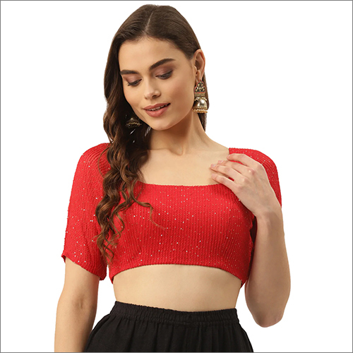 रेड राउंड नेक जॉर्जेट पैडेड हाफ स्लीव ब्लाउज