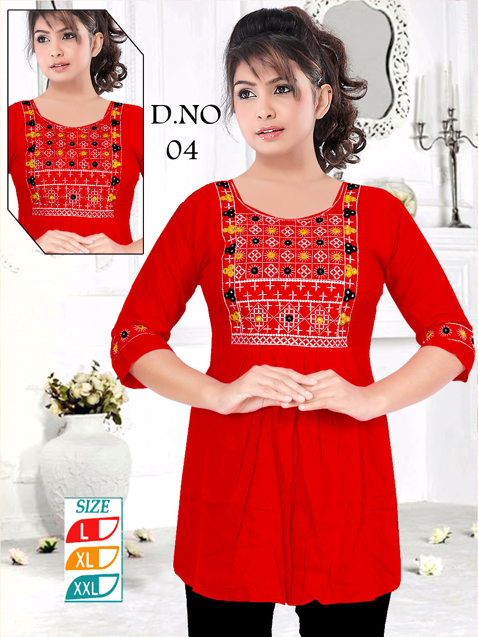 Nyra Kurti - Rayon Short Kurti With Embroidery Work, 3-4th Sleeve Style, Customized Sizes For Ladies, Breathable And Washable