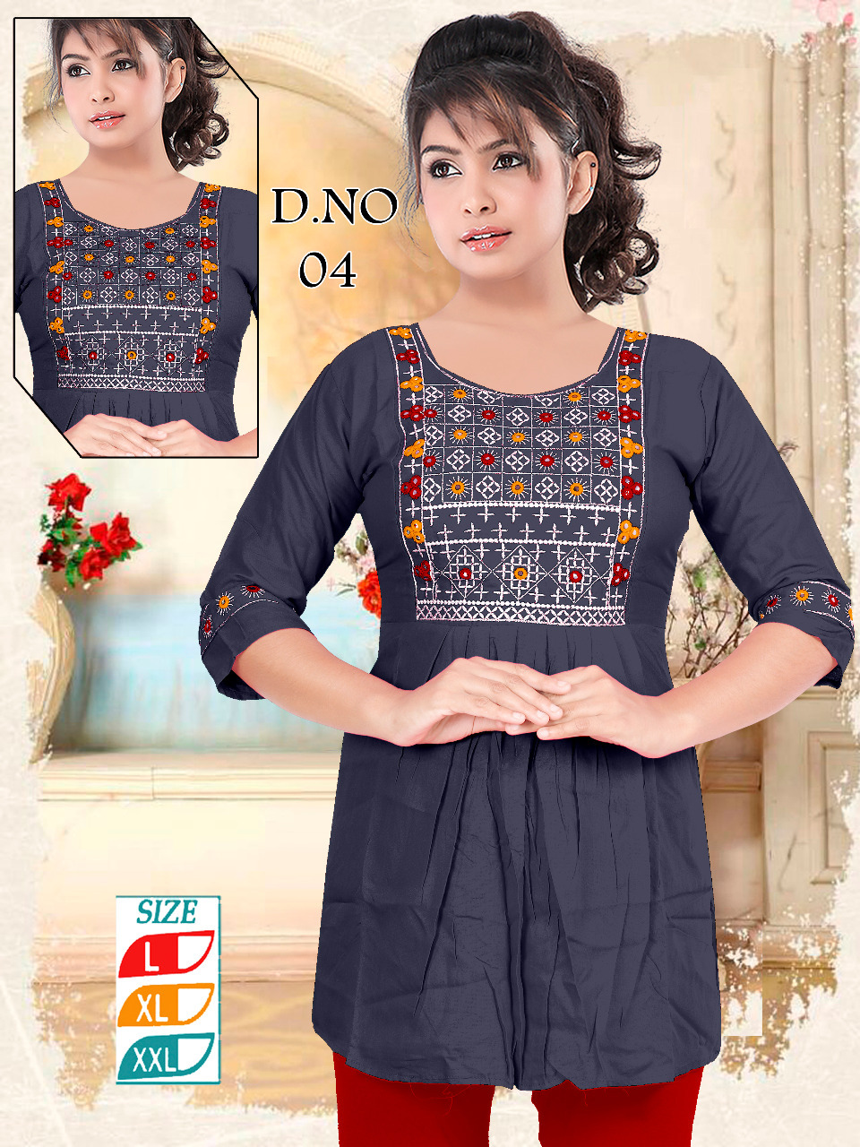 Nyra Kurti - Rayon Short Kurti With Embroidery Work, 3-4th Sleeve Style, Customized Sizes For Ladies, Breathable And Washable