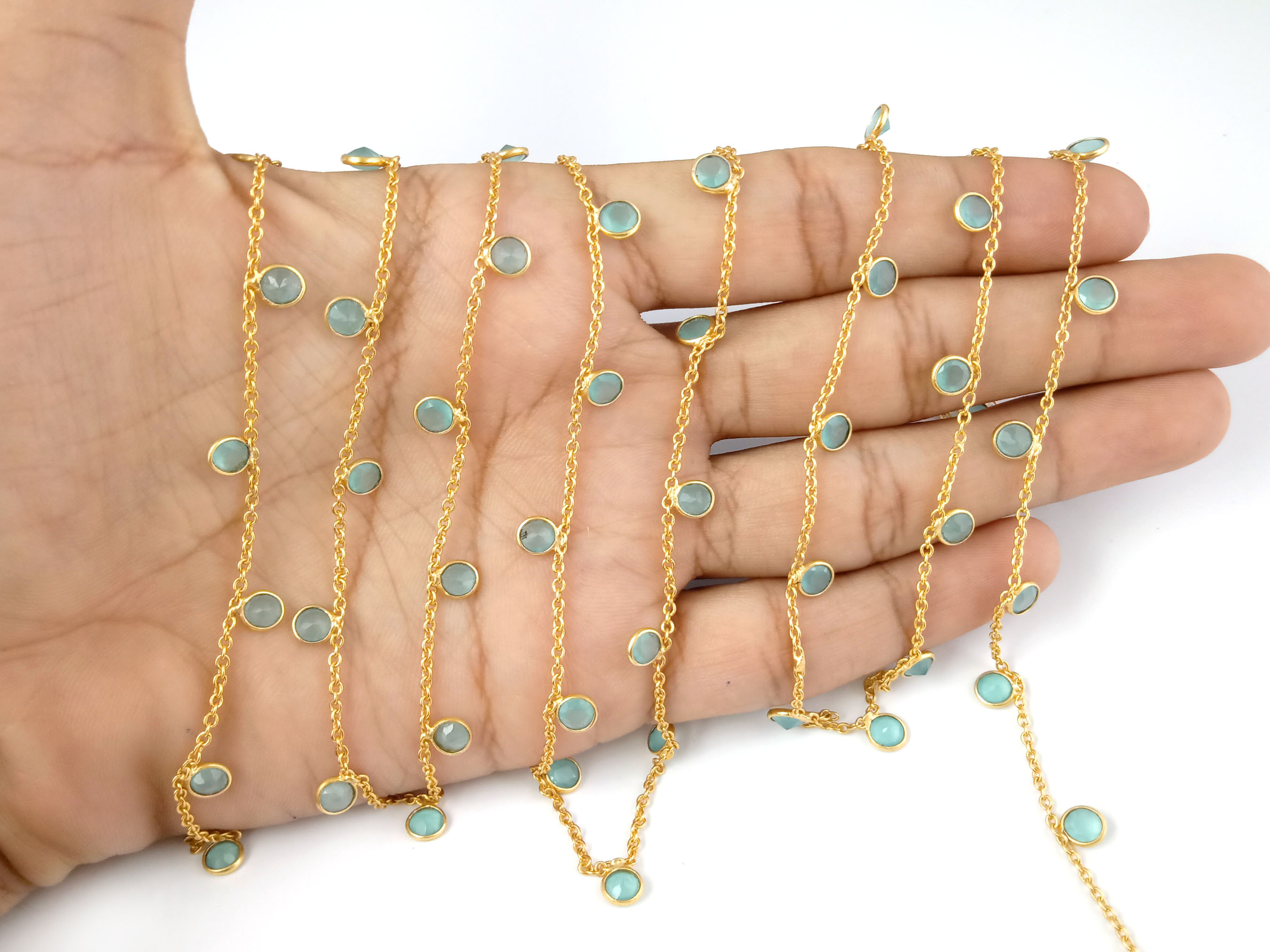 Same As Photo Aqua Chalcedony 4mm Round Bezel Gold Plated Chain Round Bezel Chain Aqua Chalcedony Gemstone Bezel Chain