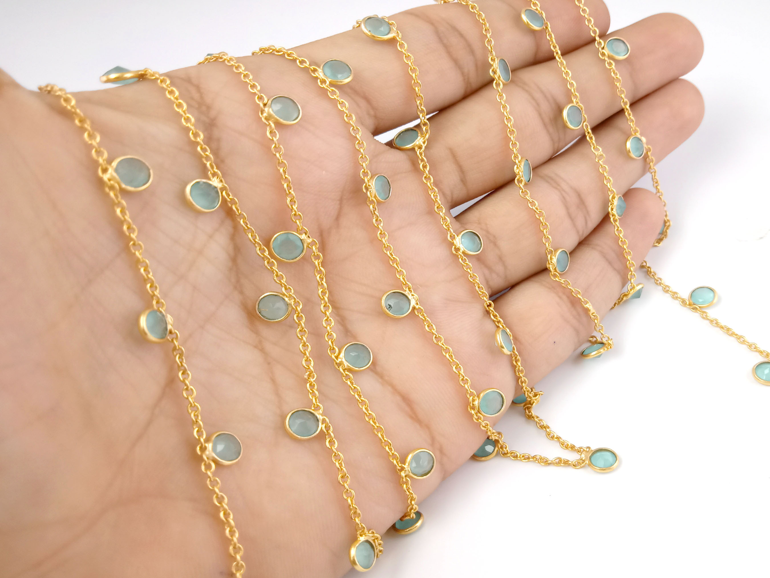 Same As Photo Aqua Chalcedony 4mm Round Bezel Gold Plated Chain Round Bezel Chain Aqua Chalcedony Gemstone Bezel Chain