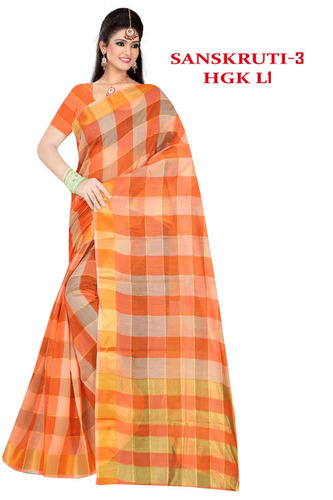 Summer Sanskruti-Premium Cotton Saree With Blouse And Checks Pattern