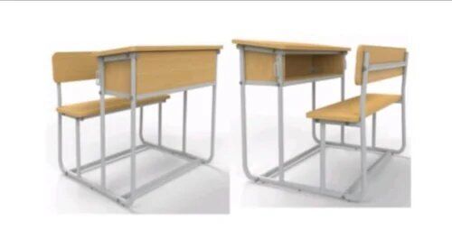 SCHOOL DESK - Wood & Metal, 120 cm, Teak Wood Colour | Durable Ergonomic Design, Includes Hooks, Modesty Panel for Privacy, Non-Disposable