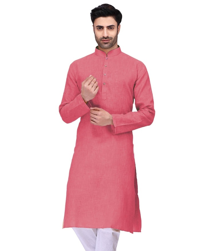Mens Kurta Pajama - Cotton, Knee Length, Various Sizes | Peach Color, Soft Cotton, Mandarin Neck, Long Sleeves, Comfortable Fit, Breathable Fabric