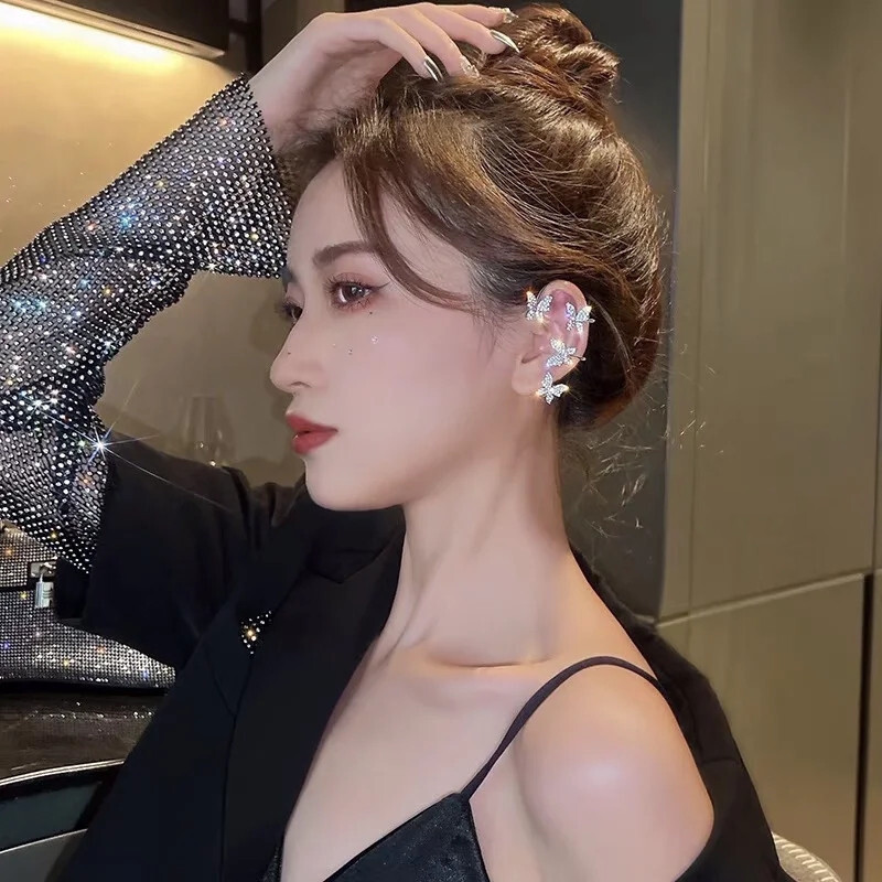 Silver-plated No Piercing Zircon Butterfly Wrap Crawler Ear Cuff Earrings - Alloy Material, One Size, 20 Grams | Ideal Gift For Various Occasions