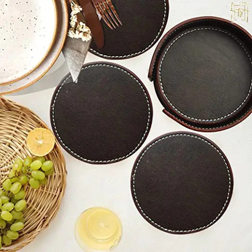 Tranquil Round Coasters - MDF Wood With Resin Finish, 4 Coasters and 1 Stand, Matte Black Design for Home and Office Use