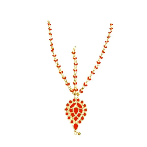 Assamese Traditional Maang Tikka - Brass, Free Size, Red Color | Kundan Studded Design for Weddings, Parties, and Special Occasions