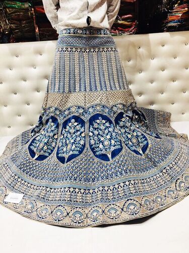 Fancy Lehenga - Silk Fabric, Floor-Length, Blue Color | Handcrafted Embroidery, Anarkali Style, Customizable Size, Zipper Closure