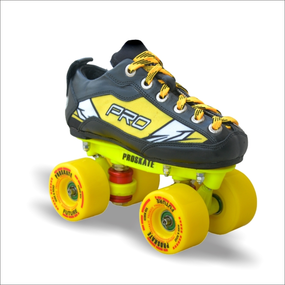 PROSKATE FUTURE ROAD WHEEL SKATE QSS A3 - Genuine Leather Upper, 65 MM/80 A Wheel Diameter , Yellow Color, Unisex Design, ABEC 7 High Speed Bearings, Includes Skating Gear Combo