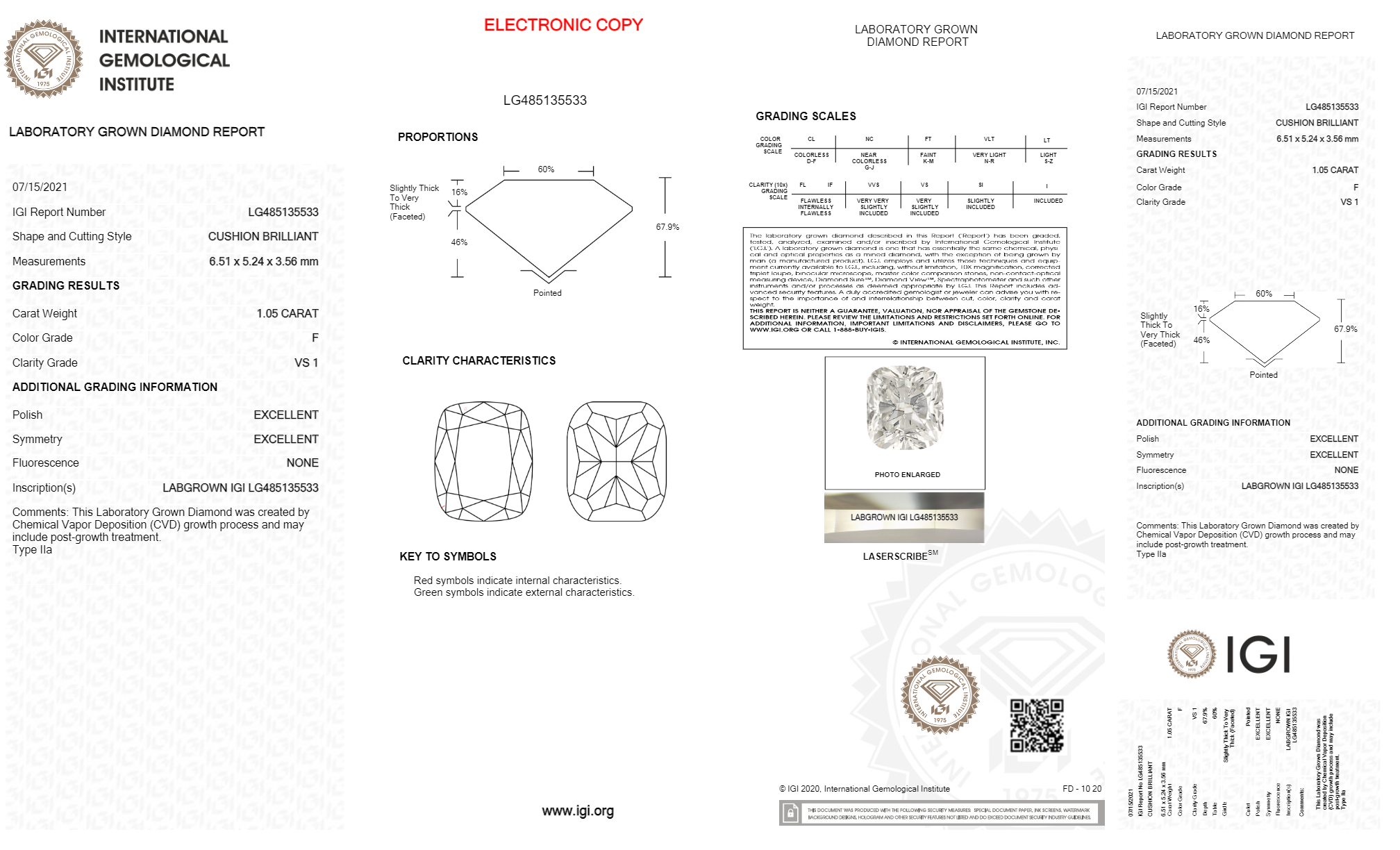 Cushion 1.05ct F Vs1 Igi Certified Cvd Lab Grown Diamond Ec1420 Density: 100