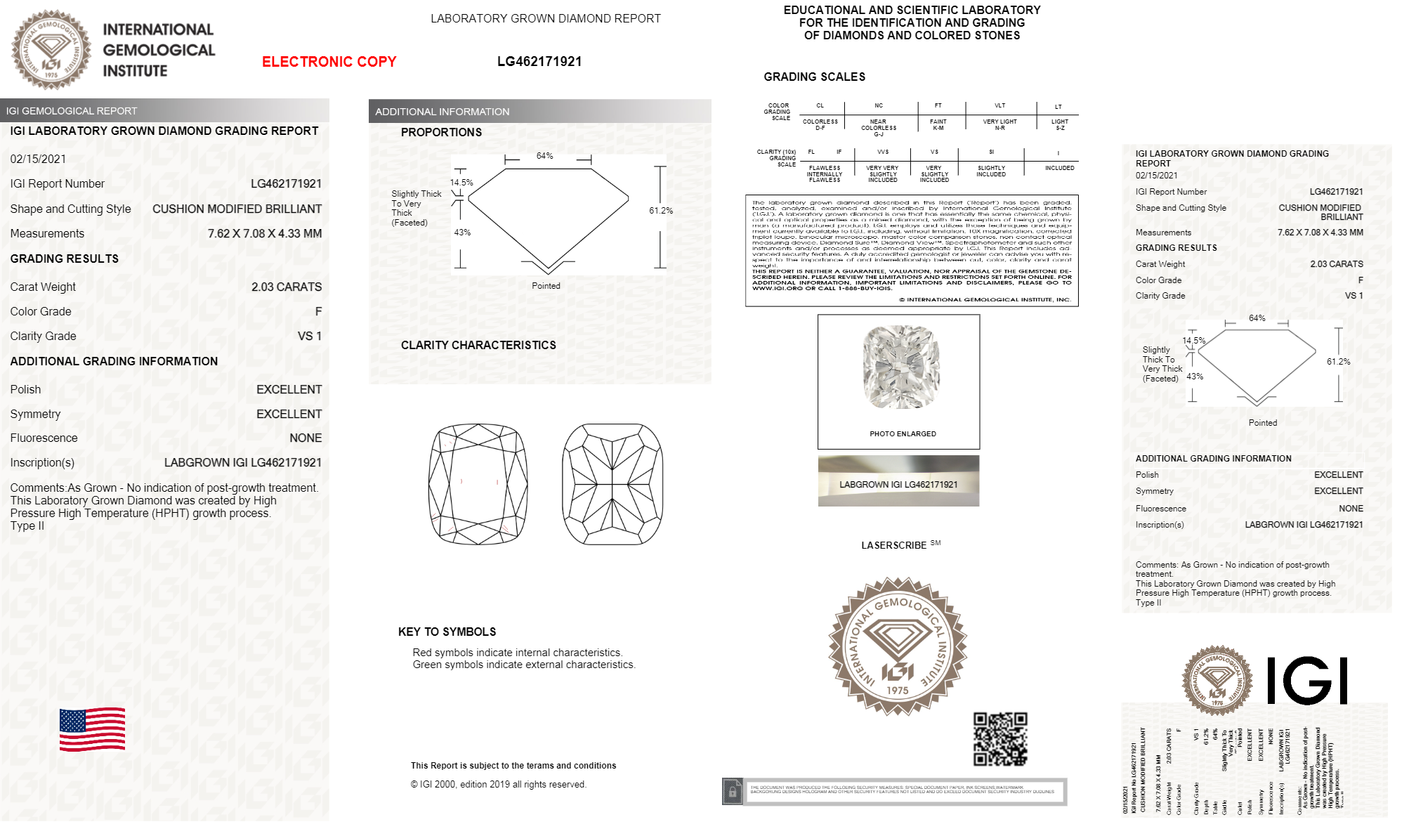 Cushion 2.03ct F Vs1 Hpht Igi Certified Lab Grown Diamond Ec1285 Density: 100