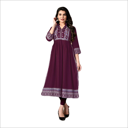 Ladies Purple Rayon Kurti - 46 Inch Length, Unisex 3/4th Sleeves for Daily Wear, Washable Printed Design