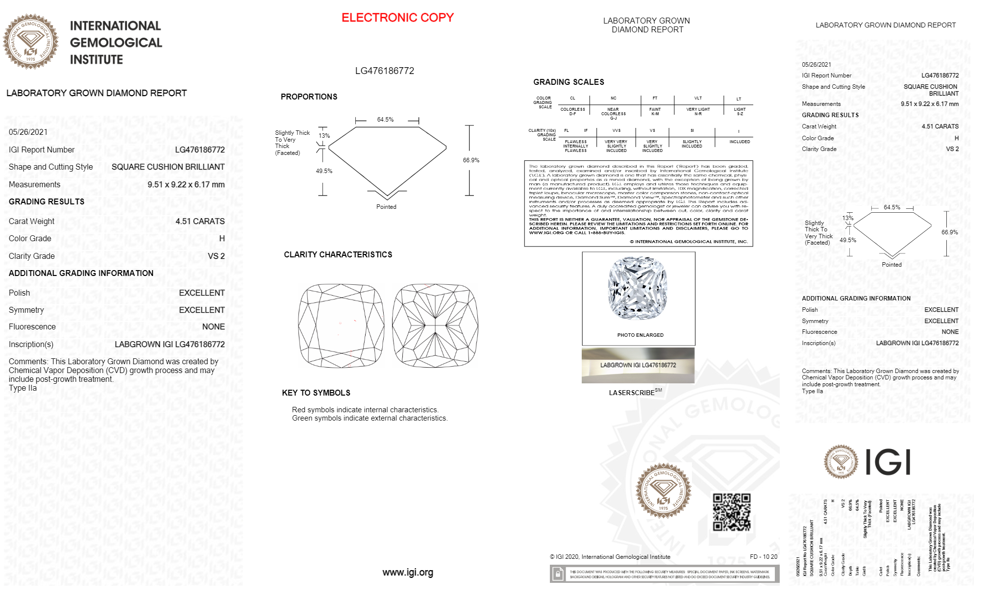 Cushion 4.51ct H Vs2 Igi Certified Cvd Lab Grown Diamond Ec1419 Density: 100