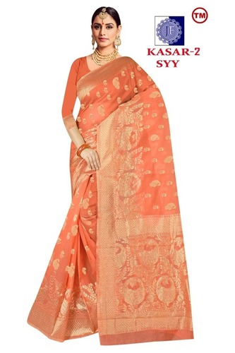 Orange Kasar-Cotton Premium Saree With Blouse And Zari Border