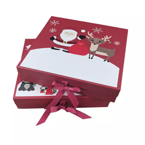 Gift Box - Cardboard Material, 10x10x5 cm Size, Red Color | Ribbon Tie Closure, Full Color Printing, Ideal for Clothing, Shoes, Cosmetics, Gifts