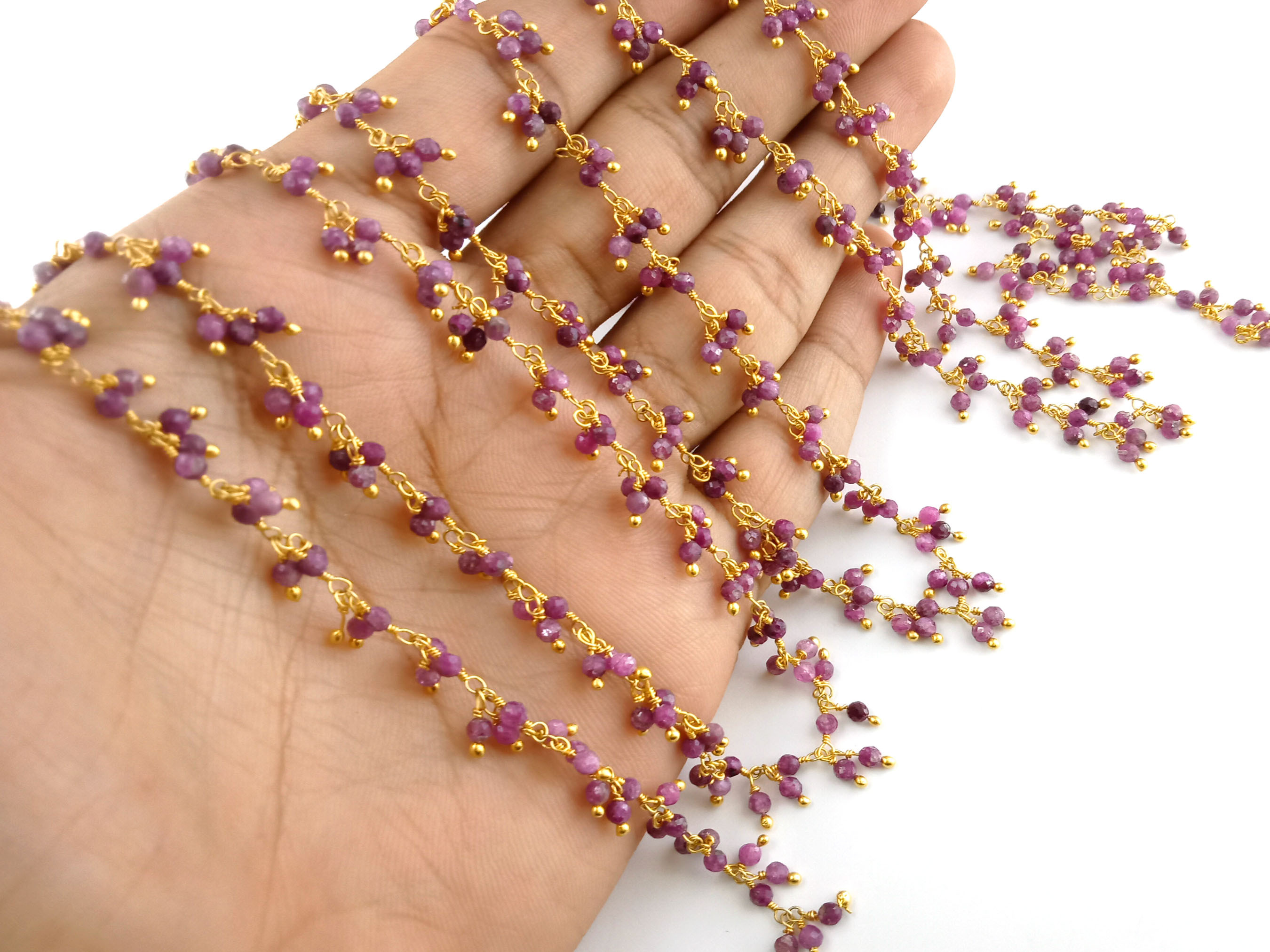 Round Ruby Beaded Dangling Chain 2mm Wire Wrapped Rosary - Ruby Dangling Rosary Beaded Rosary Chain