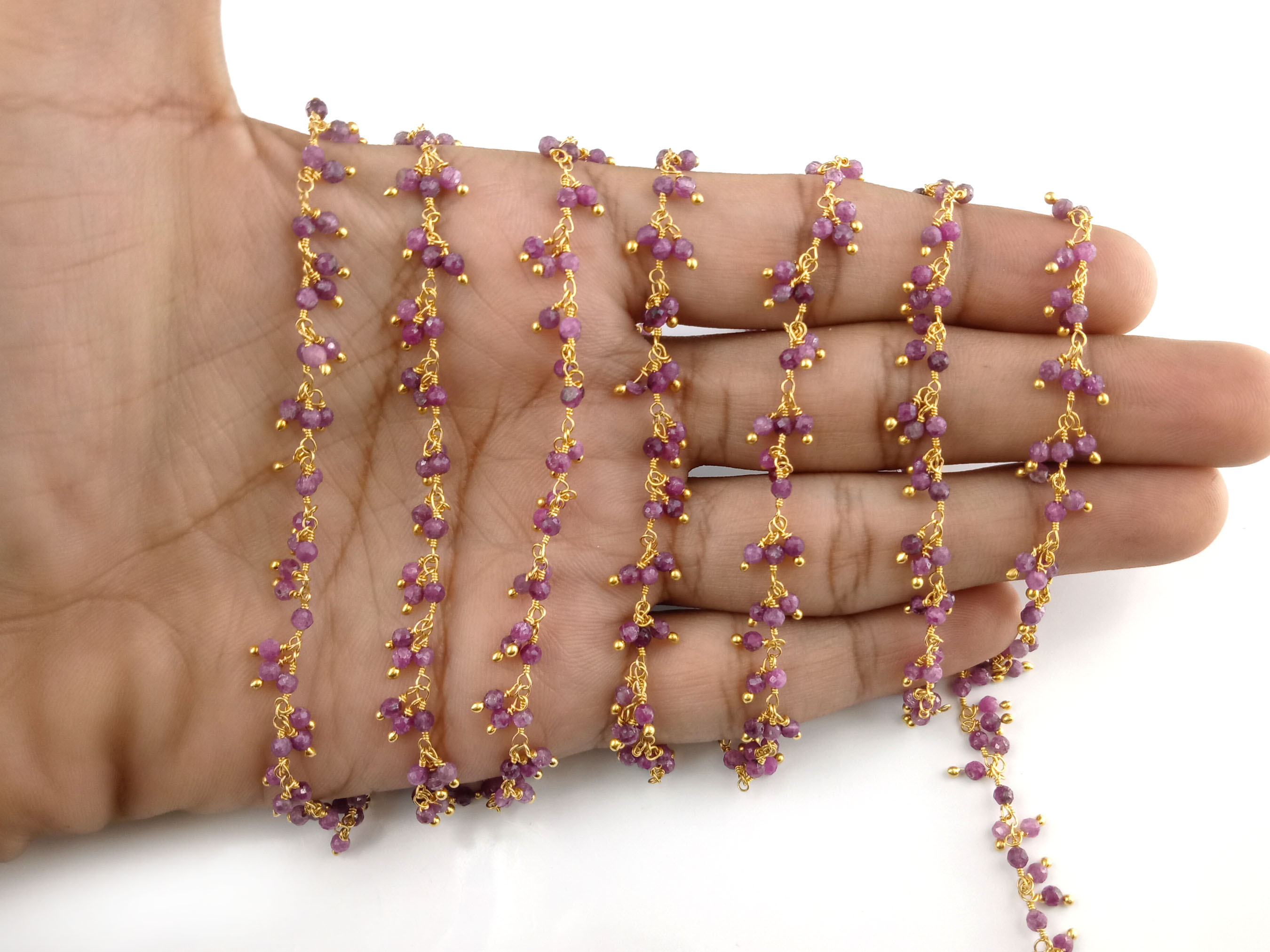 Round Ruby Beaded Dangling Chain 2mm Wire Wrapped Rosary - Ruby Dangling Rosary Beaded Rosary Chain