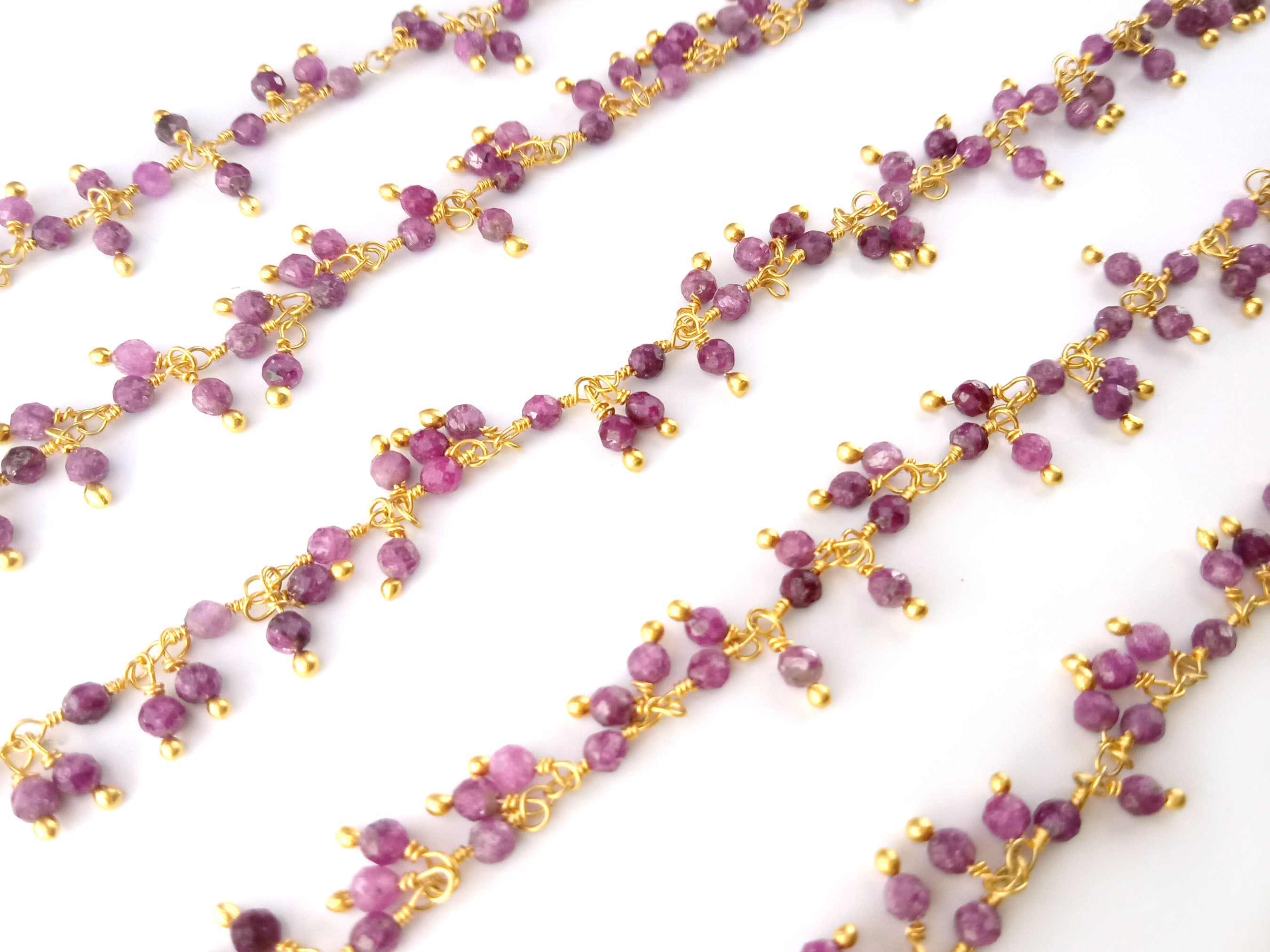Round Ruby Beaded Dangling Chain 2mm Wire Wrapped Rosary - Ruby Dangling Rosary Beaded Rosary Chain