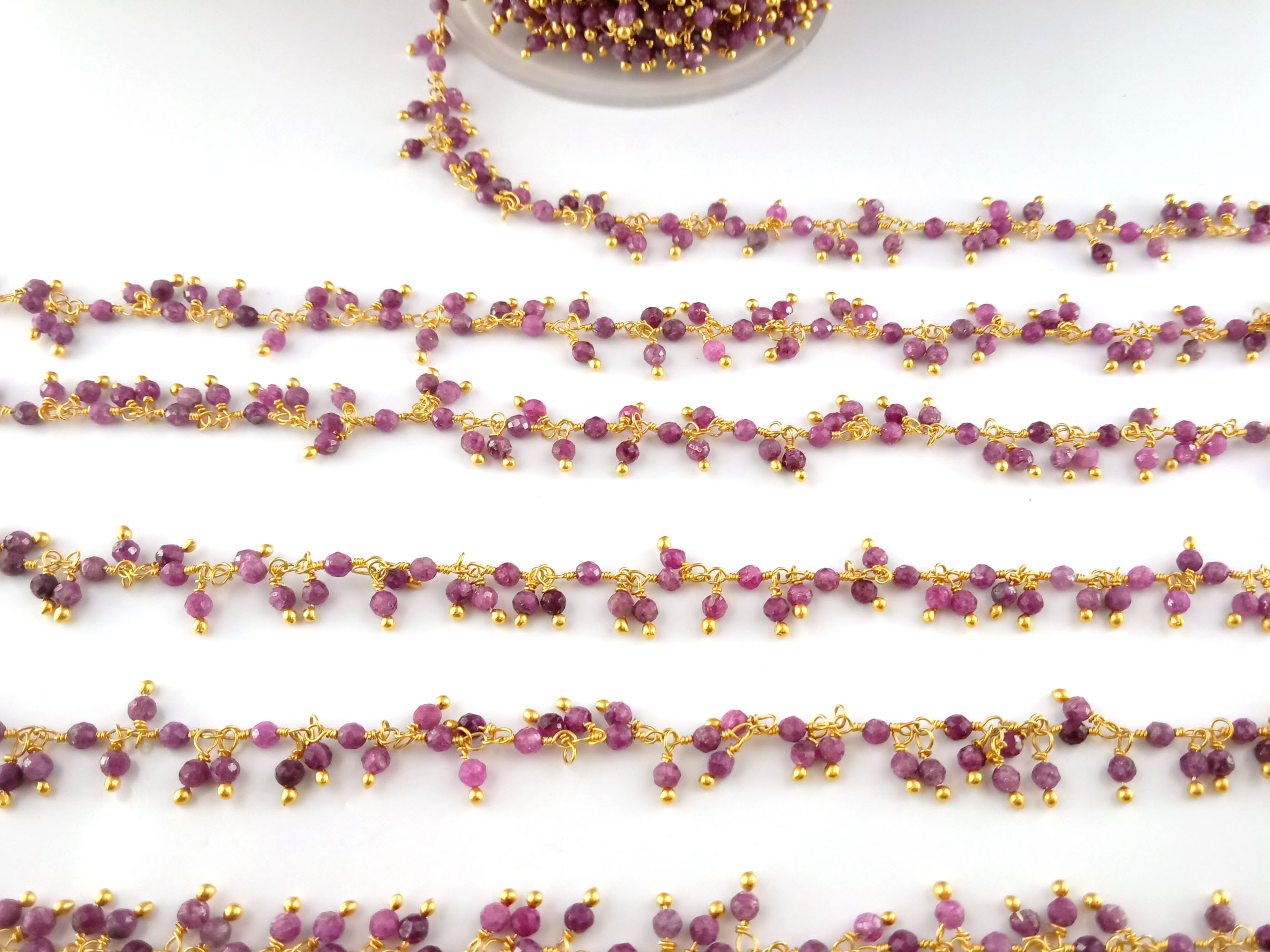 Round Ruby Beaded Dangling Chain 2mm Wire Wrapped Rosary - Ruby Dangling Rosary Beaded Rosary Chain