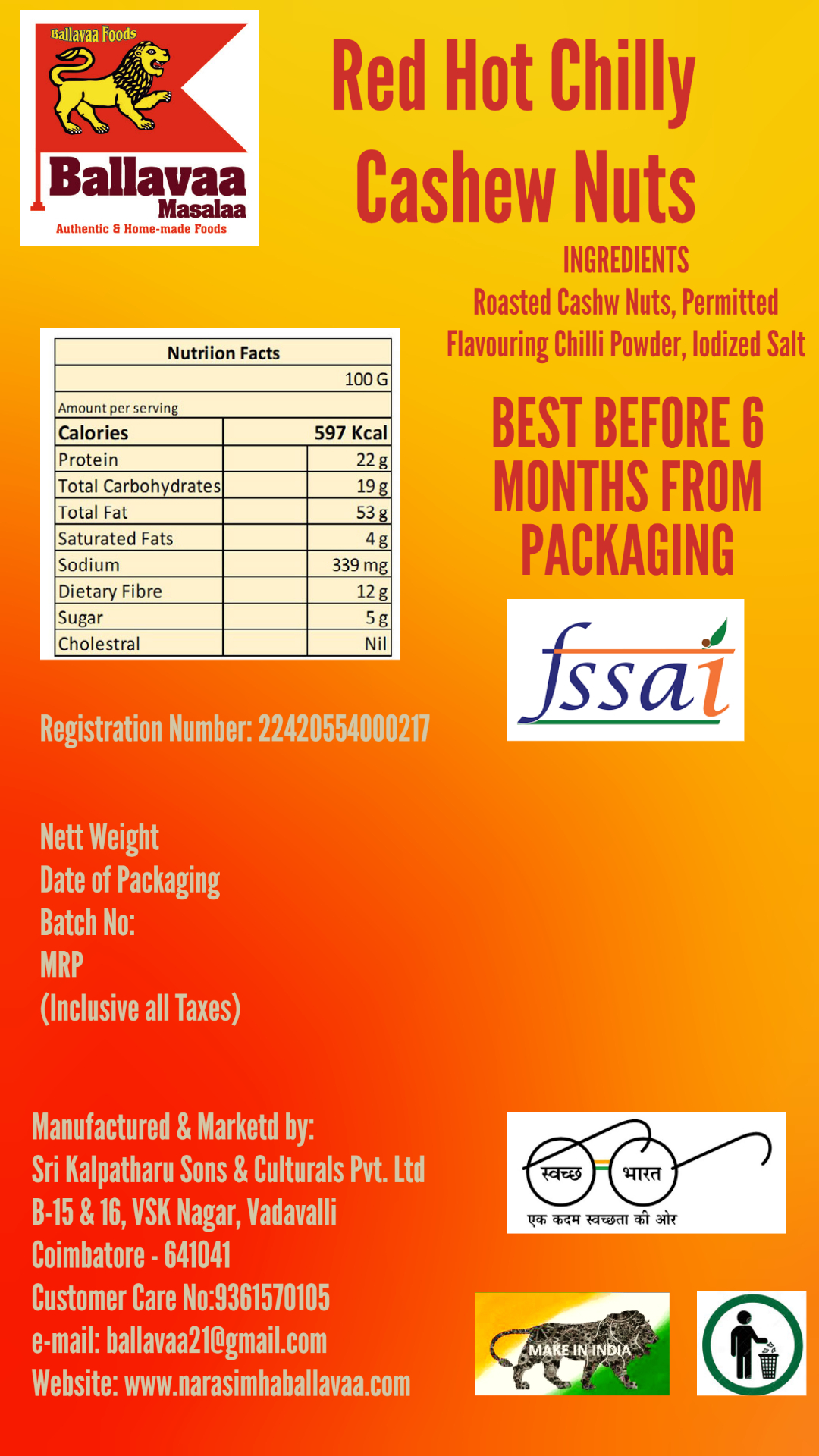 Red Hot Chilly Cashew Nuts - Organic Spicy Flavor, Grade A | Convenient Box Packaging For Everyday Kitchen Essentials