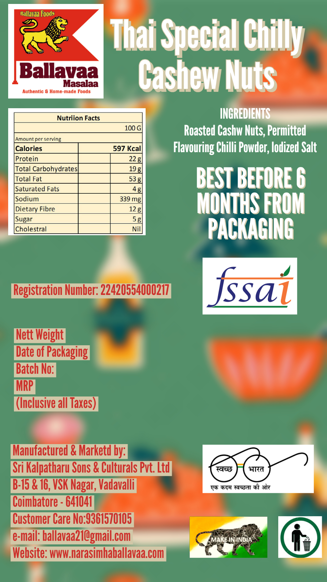 Thai Chilly Masala Cashew Nuts - Organic, A-grade, 200g Box | Spicy Flavor, Ideal For Dry Foods, Perfect For Family Meals