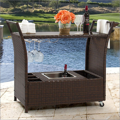 Outdoor Wicker Serving Trolley - Rust-resistant Iron Frame, Polished Grey Finish, Thick Solid Wood Panel, Easy To Clean Design