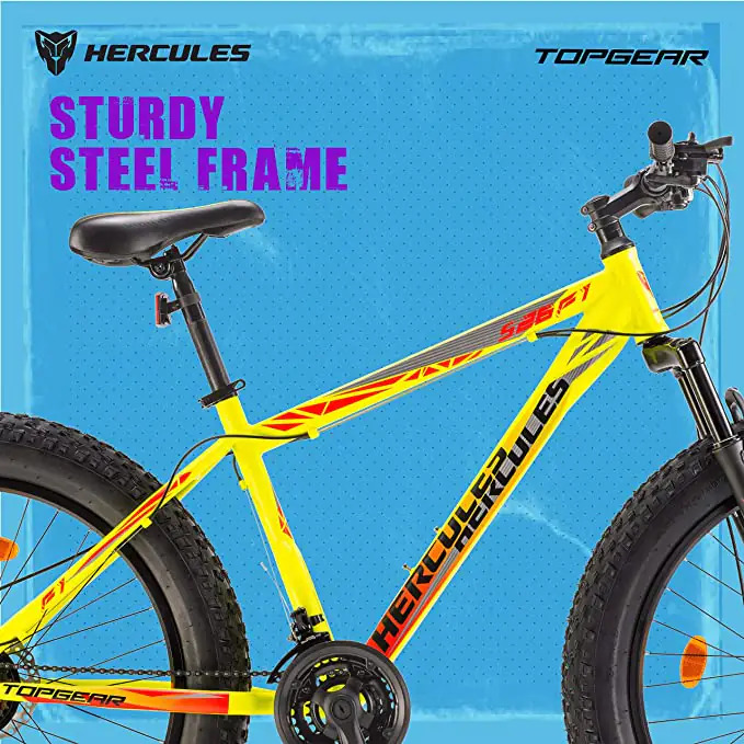 Hercules Top Gear Cycle - Steel Frame, 26 Inch Wheel Size, Matte Acid Yellow | 21-speed, Disc Brakes, Adjustable Saddle, Rugged Mtb Design