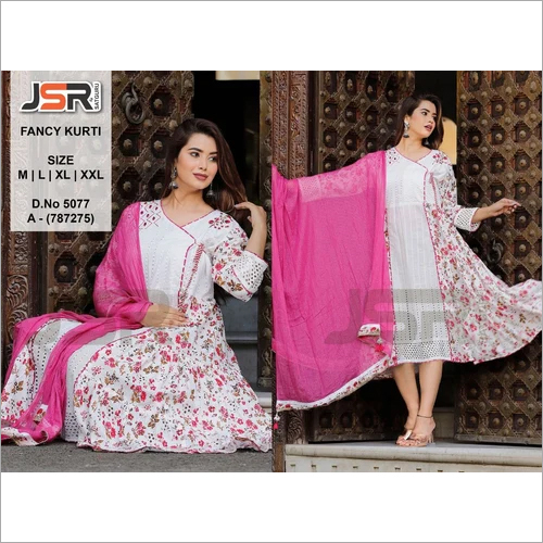 दुपट्टे के साथ कुर्ता से धोने योग्य सफेद प्रिंट