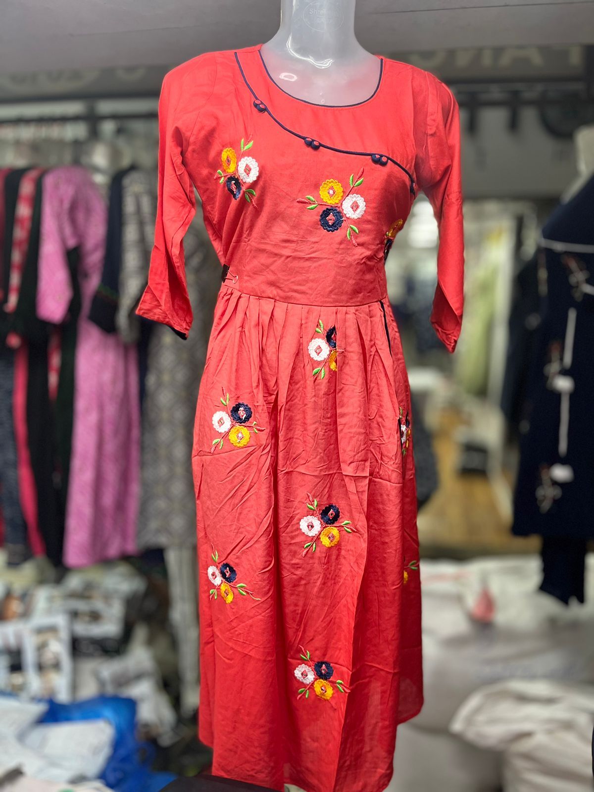 Nyra Kurti - Rayon Fabric, Size Xl, One Side Cut With Embroidery Work | Casual Dress, Full Sleeves, Breathable, Washable, Printed Pattern