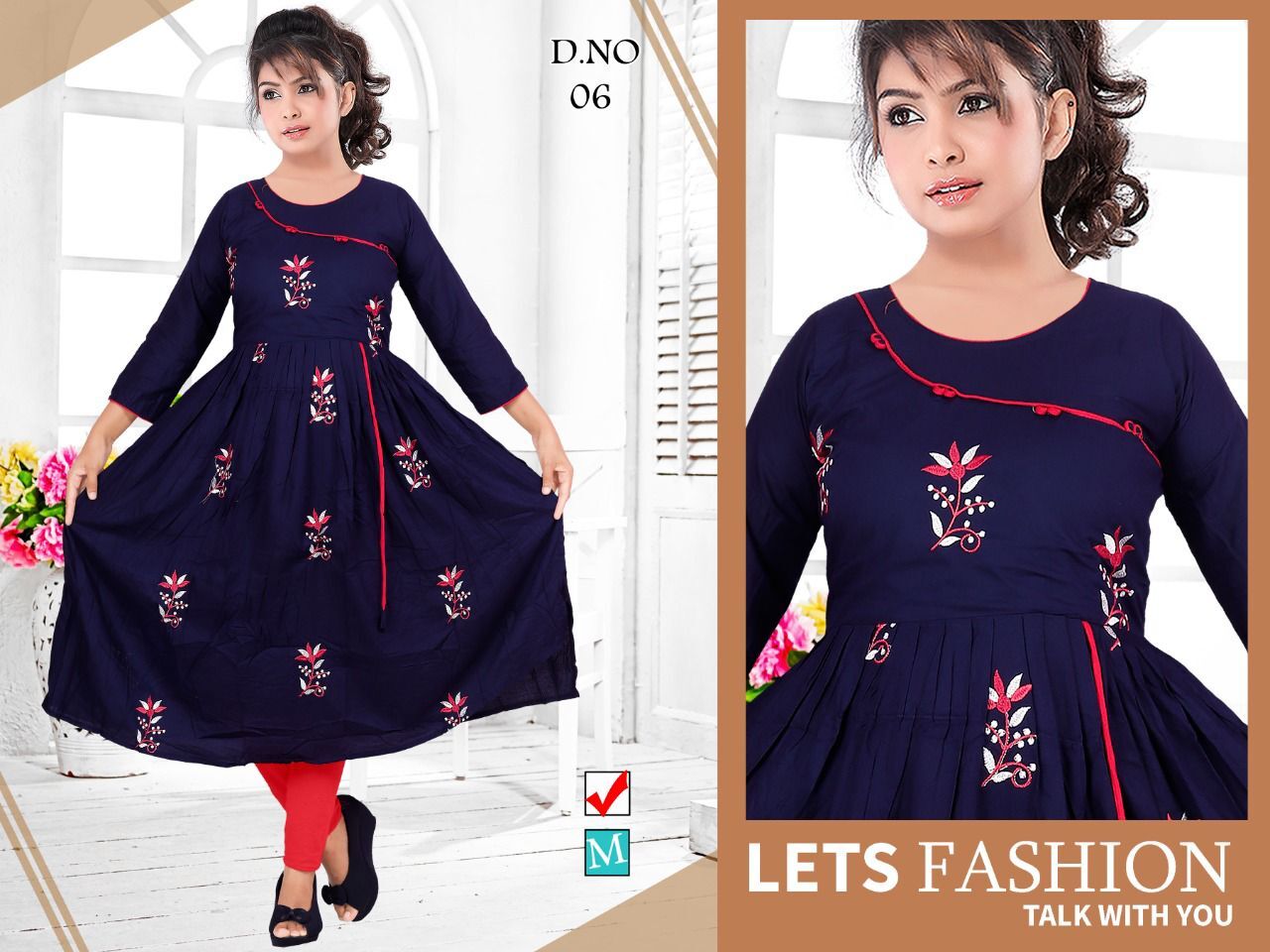 Nyra Kurti - Rayon Fabric, Size Xl, One Side Cut With Embroidery Work | Casual Dress, Full Sleeves, Breathable, Washable, Printed Pattern