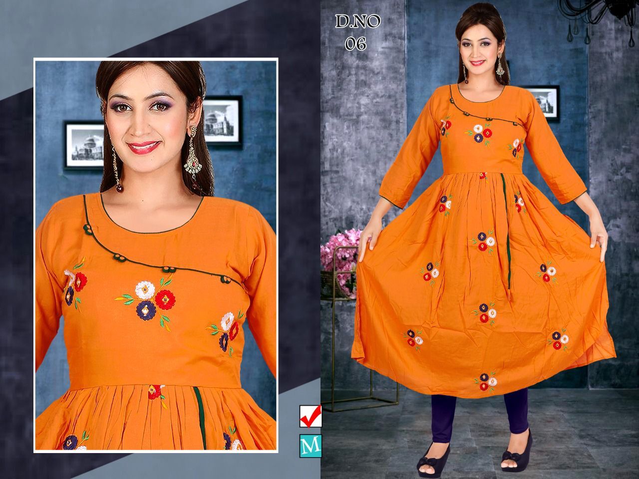 Nyra Kurti - Rayon Fabric, Size Xl, One Side Cut With Embroidery Work | Casual Dress, Full Sleeves, Breathable, Washable, Printed Pattern