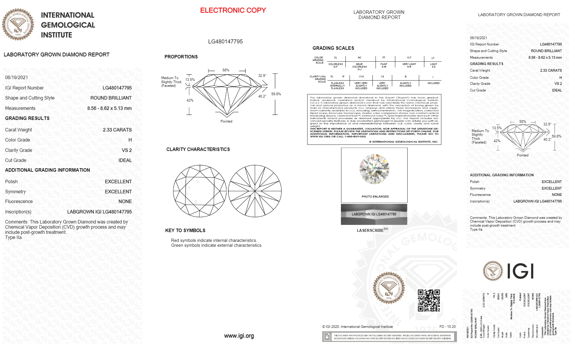 Round 2.33ct H Vs2 Igi Certified Cvd Lab Grown Diamond Ec2573 Density: 100