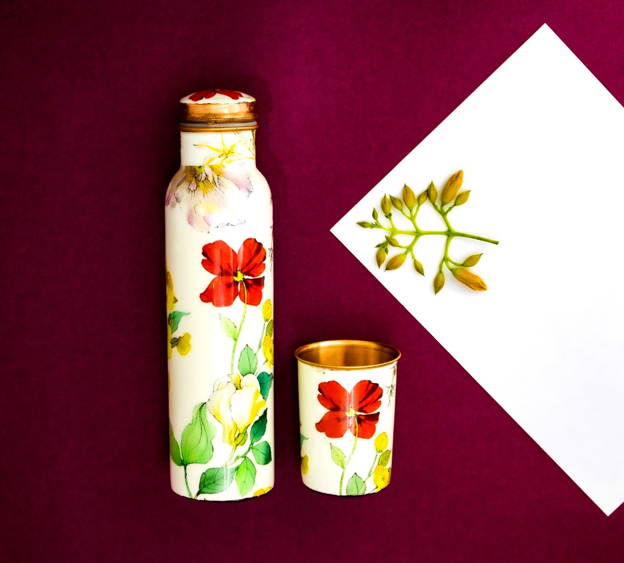 Copper Water Bottle - 1 Liter Capacity, Multicolor Flower Print Design - Elegant & Health-promoting Enhanced Usability